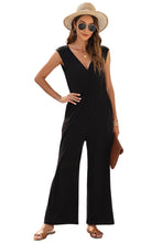 Load image into Gallery viewer, Black Deep V Pleated Crisscross Wide Leg Backless Jumpsuit
