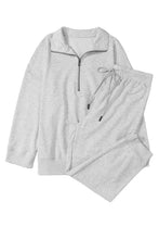 Load image into Gallery viewer, Gray Solid Half Zipped Drawstring High Waist Lounge Set