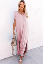 Load image into Gallery viewer, Pink V Neck Hidden Pocket Splits Maxi T-shirt Dress