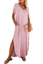 Load image into Gallery viewer, Pink V Neck Hidden Pocket Splits Maxi T-shirt Dress