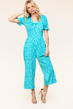 Load image into Gallery viewer, PLUS Spring Vibes Aqua Ikat Print Ruffle Sleeve Wide Leg Jumpsuit