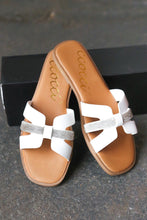 Load image into Gallery viewer, White Vegan Leather & Rhinestone Slide Sandals