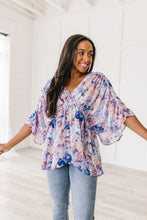 Load image into Gallery viewer, SP24- Fabled in Floral Draped Peplum Top in Blue