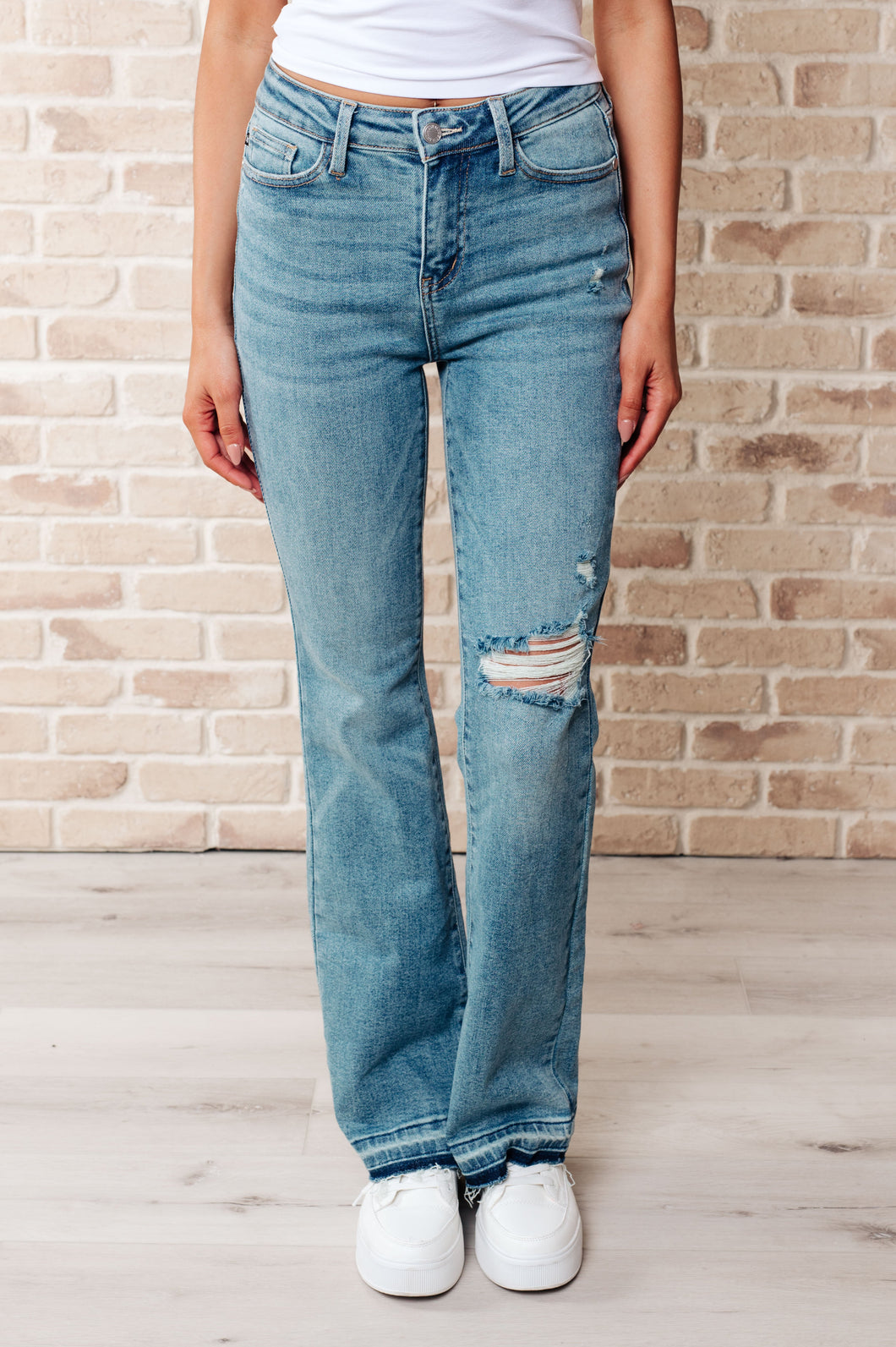 Isla Mid Rise Distressed Released Hem Bootcut Jeans- JUDY BLUE