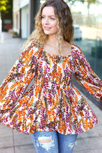 Load image into Gallery viewer, Fall in Love Taupe &amp; Rust Floral Print Babydoll Bubble Sleeve Top
