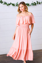 Load image into Gallery viewer, Coral off Shoulder Smocked Waist Ruffle Sleeve Midi Dress
