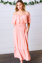 Load image into Gallery viewer, Coral off Shoulder Smocked Waist Ruffle Sleeve Midi Dress
