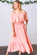 Load image into Gallery viewer, Coral off Shoulder Smocked Waist Ruffle Sleeve Midi Dress
