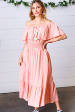 Load image into Gallery viewer, Coral off Shoulder Smocked Waist Ruffle Sleeve Midi Dress

