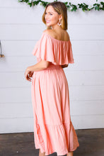 Load image into Gallery viewer, Coral off Shoulder Smocked Waist Ruffle Sleeve Midi Dress
