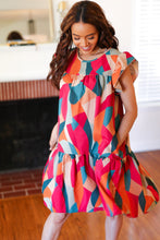 Load image into Gallery viewer, Stand Out Magenta &amp; Teal Geometric Yoke Woven Dress
