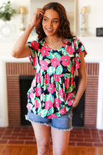 Load image into Gallery viewer, Black &amp; Pink Floral Ruffle Short Sleeve Babydoll Top
