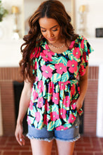 Load image into Gallery viewer, Black &amp; Pink Floral Ruffle Short Sleeve Babydoll Top
