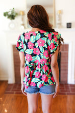 Load image into Gallery viewer, Black &amp; Pink Floral Ruffle Short Sleeve Babydoll Top
