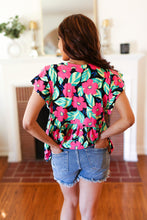 Load image into Gallery viewer, Black &amp; Pink Floral Ruffle Short Sleeve Babydoll Top
