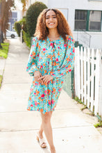 Load image into Gallery viewer, Feeling Femme Aqua Floral Ribbon Bow Tie Babydoll Dress
