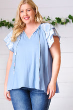 Load image into Gallery viewer, Blue Floral &amp; Stripe V Neck Tie Double Flutter Sleeve Top

