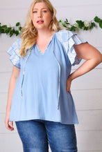 Load image into Gallery viewer, Blue Floral &amp; Stripe V Neck Tie Double Flutter Sleeve Top
