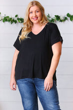 Load image into Gallery viewer, Black Ribbed V Neck Hi-Low Slit Top
