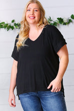 Load image into Gallery viewer, Black Ribbed V Neck Hi-Low Slit Top
