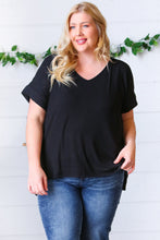Load image into Gallery viewer, Black Ribbed V Neck Hi-Low Slit Top
