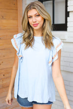 Load image into Gallery viewer, Chambray Embroidered Flutter Sleeve Top
