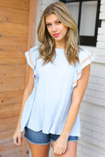Load image into Gallery viewer, Chambray Embroidered Flutter Sleeve Top
