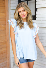 Load image into Gallery viewer, Chambray Embroidered Flutter Sleeve Top
