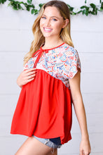 Load image into Gallery viewer, Red Boho Print Tie Neck Dolman Top

