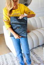 Load image into Gallery viewer, Black Fold Over Gold O-Ring Faux Leather Clutch
