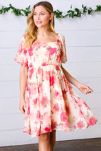 Load image into Gallery viewer, Peach Floral Chiffon Puff Sleeve Dress
