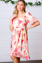 Load image into Gallery viewer, Peach Floral Chiffon Puff Sleeve Dress
