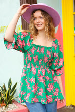 Load image into Gallery viewer, Sumptuous In Smocked Green &amp; Coral Flower Print Babydoll Top
