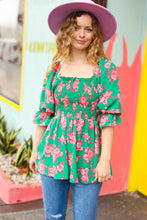 Load image into Gallery viewer, Sumptuous In Smocked Green &amp; Coral Flower Print Babydoll Top
