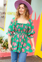Load image into Gallery viewer, Sumptuous In Smocked Green &amp; Coral Flower Print Babydoll Top
