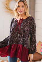 Load image into Gallery viewer, Wine Ditzy Floral Front Tie Ruffle Hem Top
