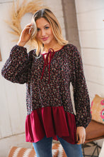 Load image into Gallery viewer, Wine Ditzy Floral Front Tie Ruffle Hem Top
