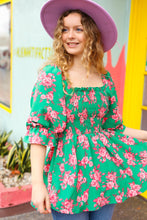 Load image into Gallery viewer, Sumptuous In Smocked Green &amp; Coral Flower Print Babydoll Top

