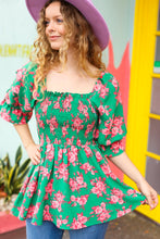 Load image into Gallery viewer, Sumptuous In Smocked Green &amp; Coral Flower Print Babydoll Top
