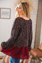 Load image into Gallery viewer, Wine Ditzy Floral Front Tie Ruffle Hem Top
