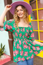 Load image into Gallery viewer, Sumptuous In Smocked Green &amp; Coral Flower Print Babydoll Top
