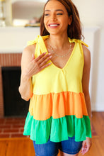 Load image into Gallery viewer, Yellow &amp; Tangerine Tiered Shoulder Tie Crepe Top
