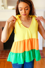 Load image into Gallery viewer, Yellow &amp; Tangerine Tiered Shoulder Tie Crepe Top
