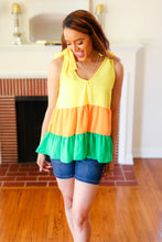 Load image into Gallery viewer, Yellow &amp; Tangerine Tiered Shoulder Tie Crepe Top
