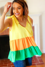 Load image into Gallery viewer, Yellow &amp; Tangerine Tiered Shoulder Tie Crepe Top
