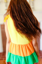 Load image into Gallery viewer, Yellow &amp; Tangerine Tiered Shoulder Tie Crepe Top
