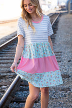 Load image into Gallery viewer, Floral and Stripe Color Block Fit and Flare Rib Dress
