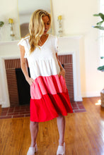 Load image into Gallery viewer, Peach &amp; Cherry Red Tiered Frill Sleeve Midi Dress

