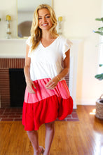 Load image into Gallery viewer, Peach &amp; Cherry Red Tiered Frill Sleeve Midi Dress
