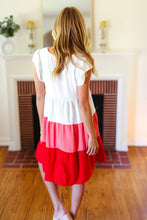Load image into Gallery viewer, Peach &amp; Cherry Red Tiered Frill Sleeve Midi Dress
